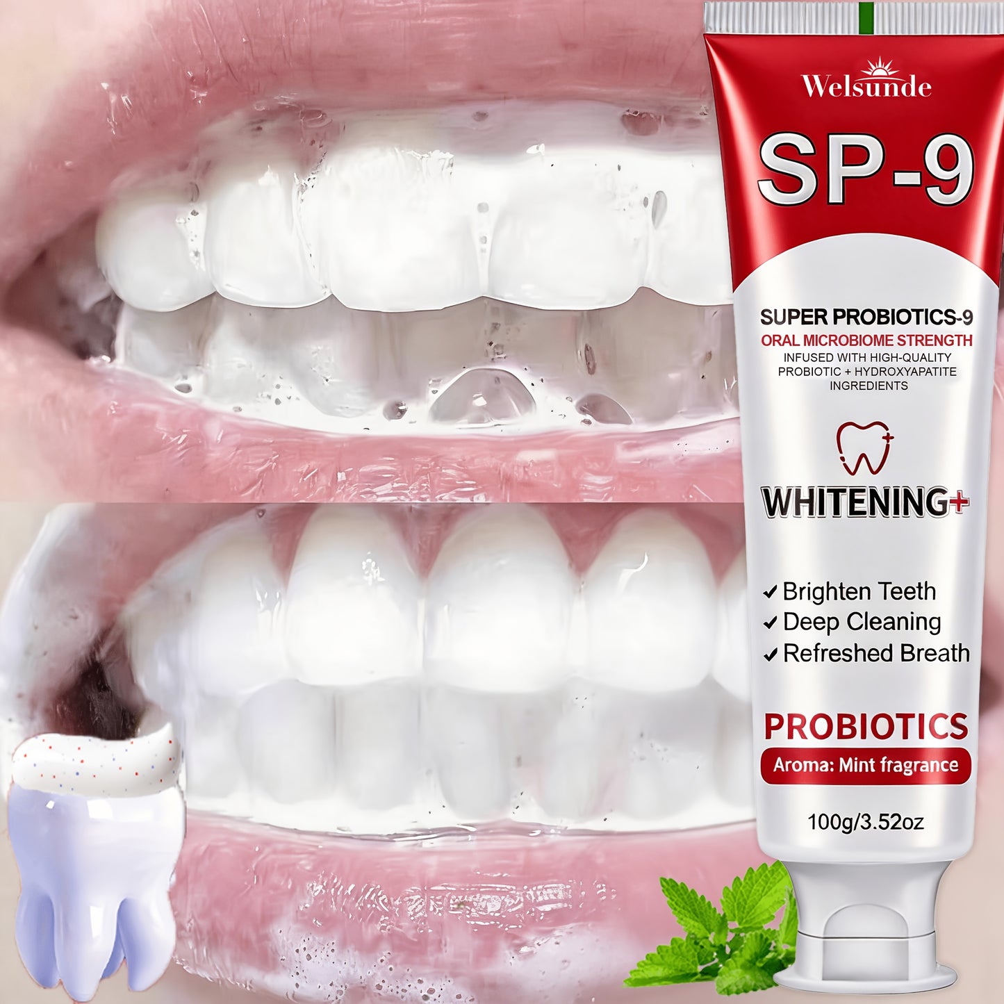 Probiotic Toothpaste with Hydroxyapatite – Super Probiotics-9 European Formula, Deep Cleaning & Gum Care, Mint Fresh Breath, Teeth Brightening Oral Care Gift for Women & Men, 100g