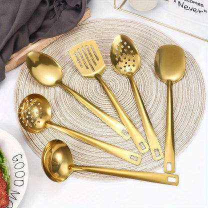 6pcs Set of Korean Style Stainless Steel Golden-plated Kitchen Utensils: Home Cooking Spoons, Frying Flip Spoons - Essential Luxury Golden Service Spoons with Filters and Hot Pot Clips, Perfect for Cooking, Buffets, Restaurant Banquets