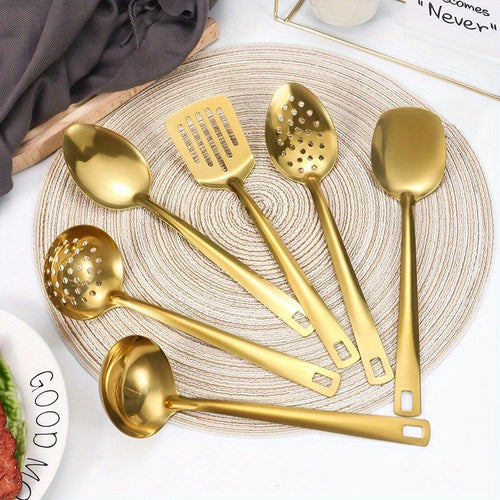 6pcs Set of Korean Style Stainless Steel Golden-plated Kitchen Utensils: Home Cooking Spoons, Frying Flip Spoons - Essential Luxury Golden Service Spoons with Filters and Hot Pot Clips, Perfect for Cooking, Buffets, Restaurant Banquets