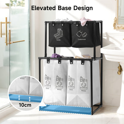 Double Laundry Basket with Removable Bins (No Wheels) - Collapsible 2-Tier Laundry Sorter - Oxford Fabric & Frame - Clothes Hamper for Kids, Adults, Travel, Add 10 Cable Ties for Securing