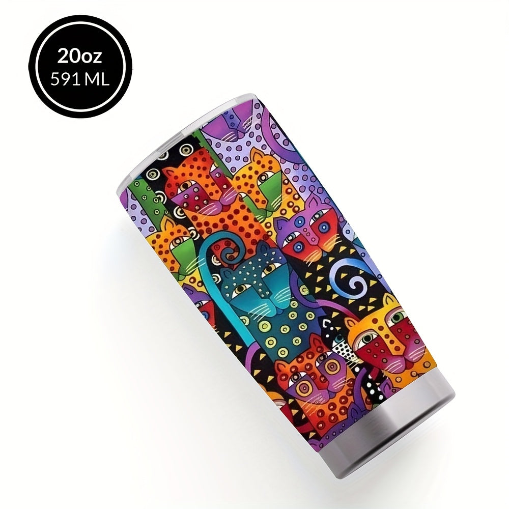 Abstract Cat Graphic Coffee Mugs, 304 Stainless Steel Insulated Tumbler with Lid & Straw, Beverage Container & Travel Cup for Hot & Cold Drinks, 20oz Camping Drinkware, Ideal Gift for Birthday, Parties, Holiday, Halloween, Christmas, Thanksgiving Day