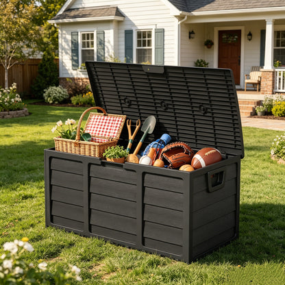 75 Gallon Outdoor Storage Box Deck Box with Handles | Large Waterproof Lockable Cabinet for Pool Accessories, Garden Tools & Camping Gear – Easy Assembly Yard Storage Bin, Pure Black