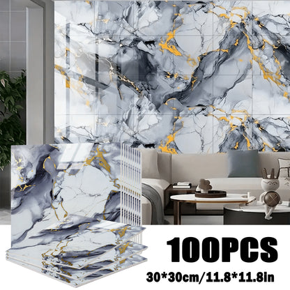 Self-Adhesive Marble Tile Stickers 11.8x11.8in Peel and Stick Wall Tiles for Bathroom Kitchen Backsplash – Waterproof 3D Glossy Imitation Marble Wall Panel, Easy to Install, 50 or 100 Pack