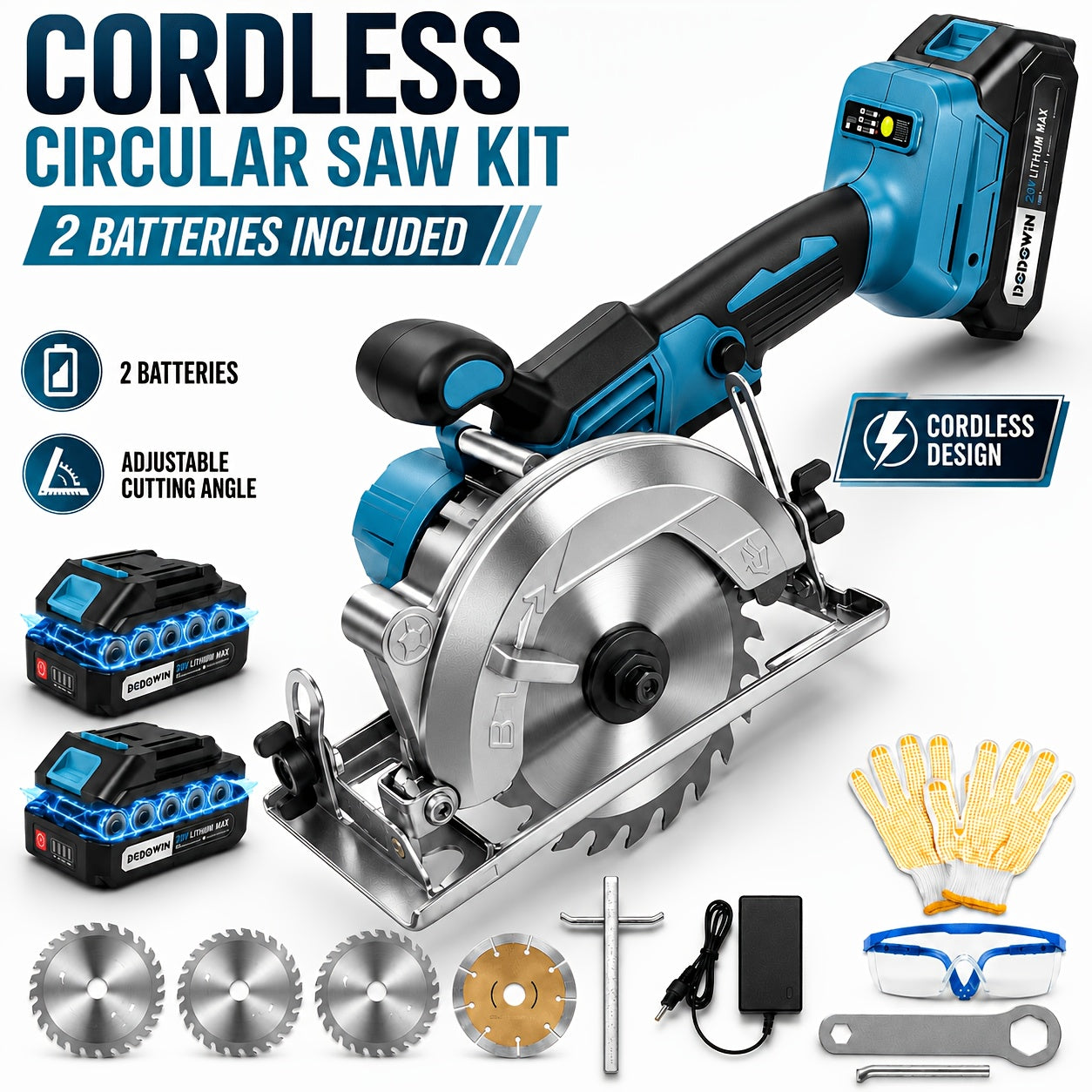 Brushless Circular Saw Kit, 21V, 1/2 Batteries, Charger And Saw Blades Included, Adjustable 45 Degree Cutting Depth, Ideal for Woodworking, Home Projects, Gift for Men