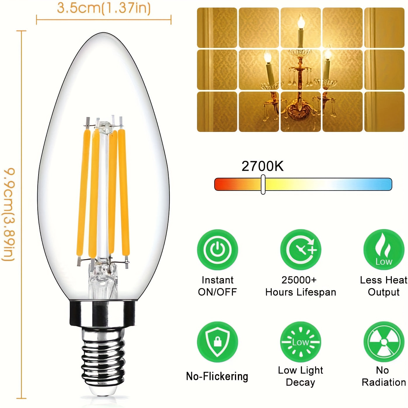 LED Candle Light Bulbs E12 Base B11 Dimmable 2700K Warm White 500 Lumens Clear Glass Vintage Filament Bulb for Chandelier Ceiling Fan Dining Room Living Room Bedroom Kitchen 12 Pack 24 Pack