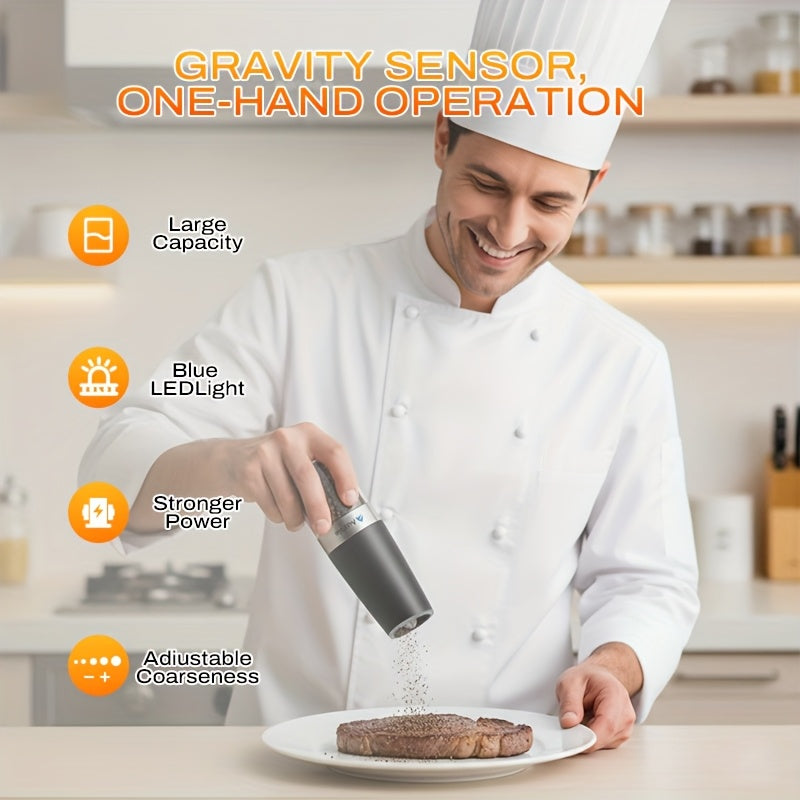 2pcs Gravity-sensing Electric Salt And Pepper Grinder Set, Battery-powered LED Light, One-hand Operation, Local Fast Delivery, Adjustable Coarseness Grinder, Black Kitchen Gadget, Salt And Pepper Grinder Electric 2pcs, Birthday Gift,