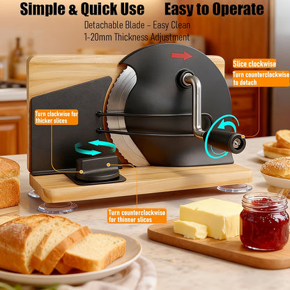 Hand-Operated Bread Cutter for Artisanal Sourdough, Featuring Adjustable Thickness for Uniform Slices, a Hand Crank Mechanism with Measurement Markings, And a Suction Base, Designed with a Serrated Blade