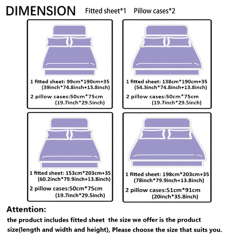 3pcs Cool Technology Digital Printing Material Plaid Fitted Sheet(1pc Bed Sheet+2pcs Pillowcase No Filling) Deep Pocket In 15 Inch, At Home Dormitory Suitable for All Seasons Mattress Protector