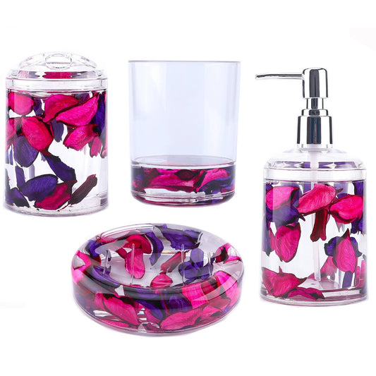 Locco Decor 4pcs Acrylic Liquid 3D Floating Motion Bathroom Vanity Accessory Set Tumbler Cup Toothbrush Holder Soap Dispenser Ocean Shell Dolphin Theme Garden Theme