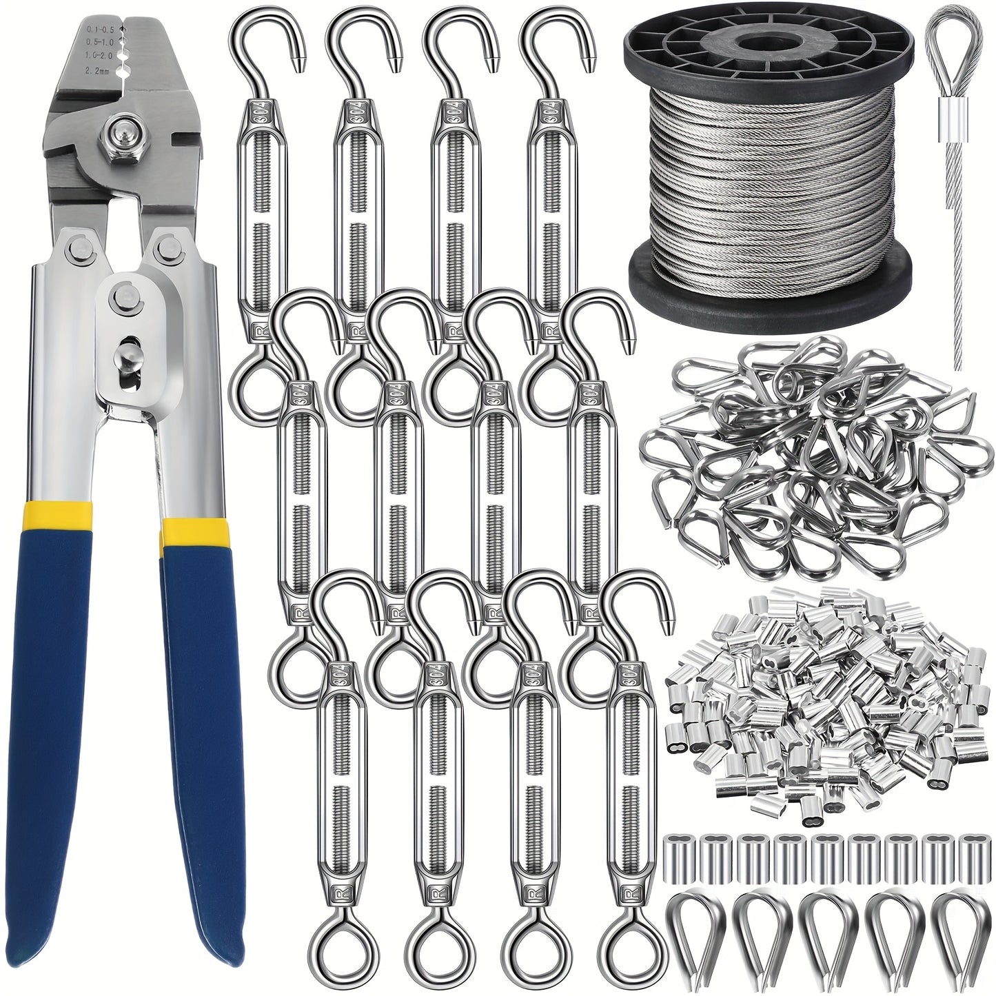 264pcs 328ft Wire Rope Crimping Tool Kit Hook And Eye Turnbuckle Stainless Steel Thimble Wire Rope Cable Aluminum Crimping Sleeve for Outdoor Garden Kitchen Railing String Light Hanging Kit