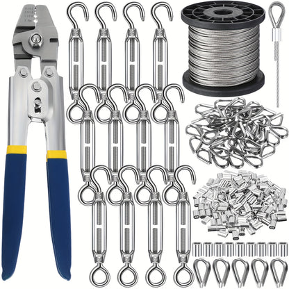 264pcs 328ft Wire Rope Crimping Tool Kit Hook And Eye Turnbuckle Stainless Steel Thimble Wire Rope Cable Aluminum Crimping Sleeve for Outdoor Garden Kitchen Railing String Light Hanging Kit