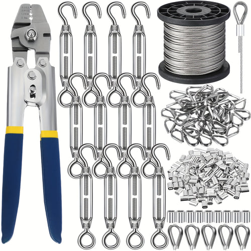 264pcs 328ft Wire Rope Crimping Tool Kit Hook And Eye Turnbuckle Stainless Steel Thimble Wire Rope Cable Aluminum Crimping Sleeve for Outdoor Garden Kitchen Railing String Light Hanging Kit