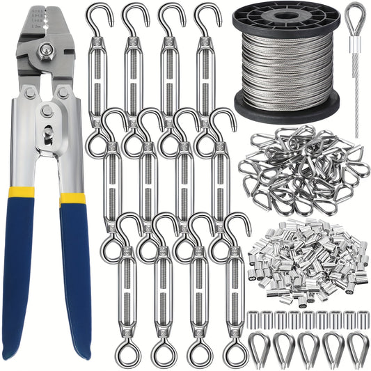 264Pcs Wire Rope Crimping Tool Kit 328ft – Stainless Steel Hook Eye Turnbuckle Thimble Aluminum Crimping Sleeve for Outdoor Garden Railing String Light Hanging