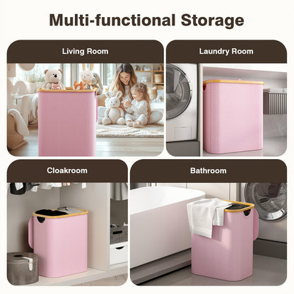 Laundry Hamper with Lid - 145L Extra Large 3-Section Fabric Sorter with Removable Washable Bags & Bamboo Handles, Pre-Sorting Labels, Pink Laundry Basket for Bedroom, Bathroom, Dorm & Home Organization