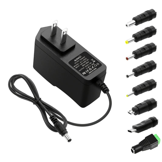 5V 2A Power Adapter Universal 9-in-1 with 8 Tips - AC/DC 5 Volt 10W Power Supply, Type-C, Micro-USB, 5.5x2.5mm & More, for Router, CCTV, LED Strip, TV Box, Smart Home Devices