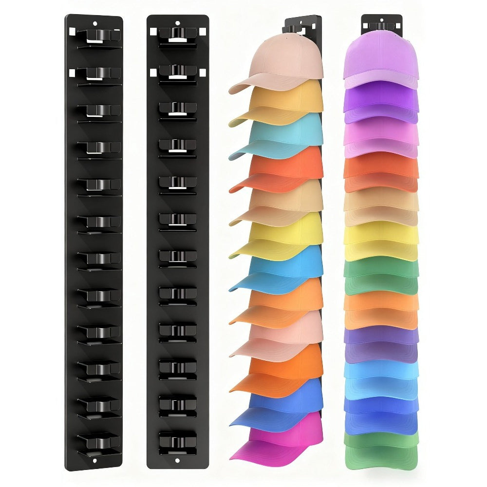 2-Pack Heavy-Duty Hat Organizer with 24-Cap Capacity - Space-Saving Vertical Wall-Mounted Storage, Adhesive or Drilled Installation, Layered Hooks for Easy Access, Durable Polypropylene Construction - Ideal for Entryway, Closet, Bedroom