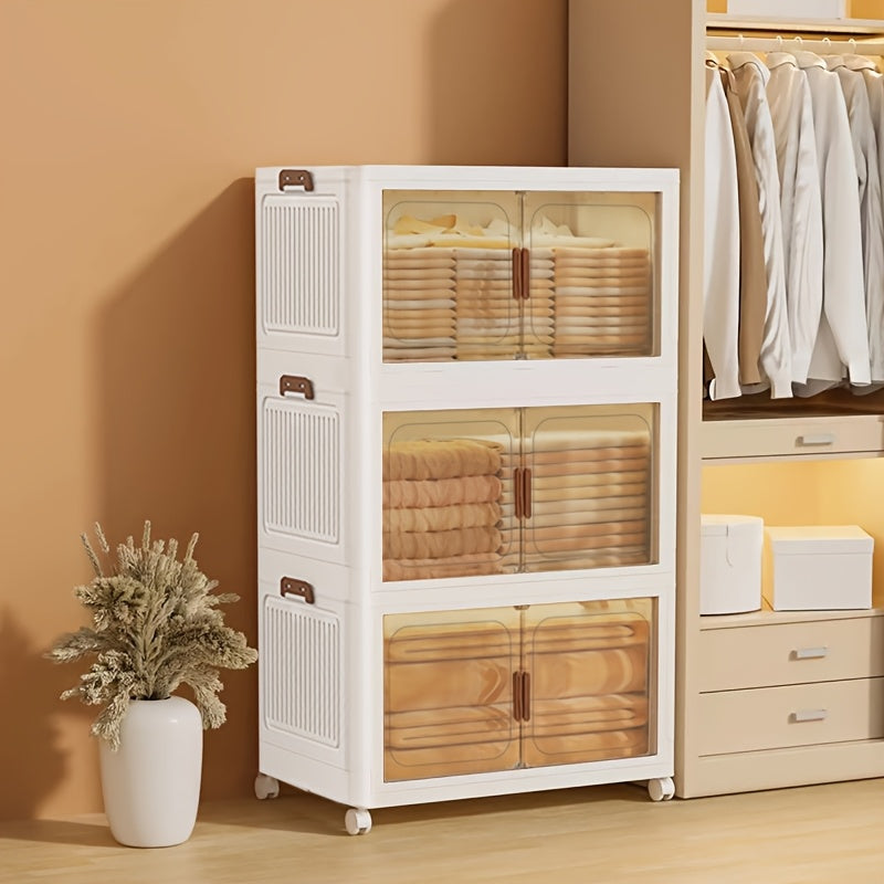 1/2/3/4/5 Layers Collapsible Lockers, Plastic Clutter Storage Boxes with Doors And Wheels, Stackable Large Capacity Home Organization for Bedrooms, Living Rooms Kitchens, Easy to Assemble And Space Saving Design Home Storage And Sorting Box