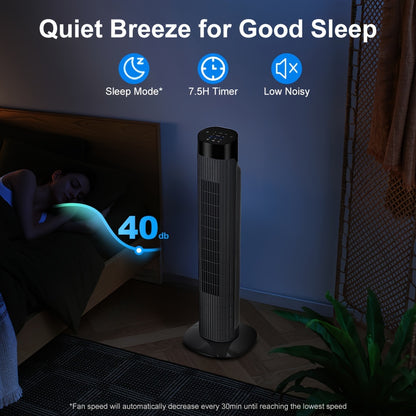 Tower Fan 31 Inch Bladeless | 80° Oscillating Standing Fan with Remote Control, 7.5H Timer & 3-Speed Settings, Quiet Cooling Fan for Bedroom, Living Room & Office – Black & White