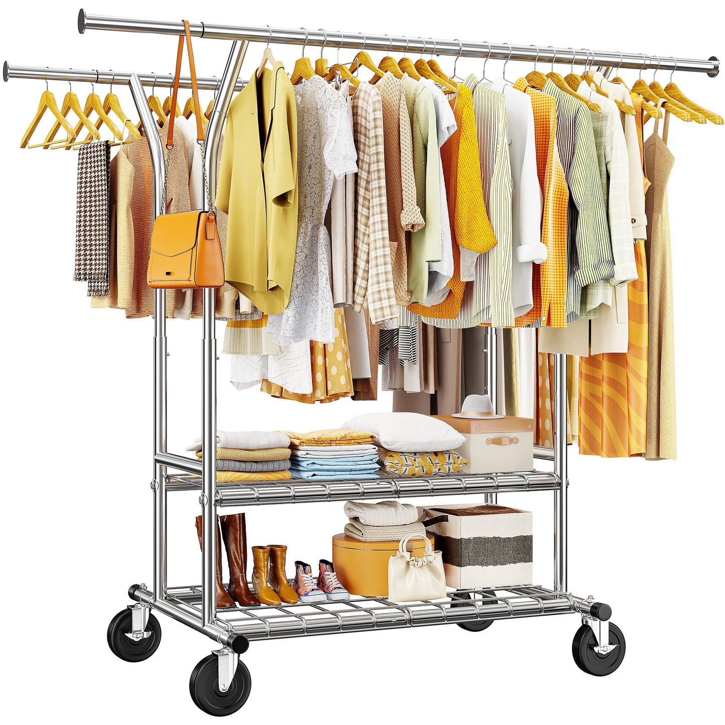 Heavy-Duty Rolling Clothes Rack with Wheels - Adjustable, Portable Garment Stand for Hanging Clothes, 630lbs Capacity, Silver Metal, Freestanding Design