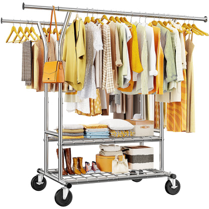 Heavy-Duty Rolling Clothes Rack with Wheels - Adjustable, Portable Garment Stand for Hanging Clothes, 630lbs Capacity, Silver Metal, Freestanding Design