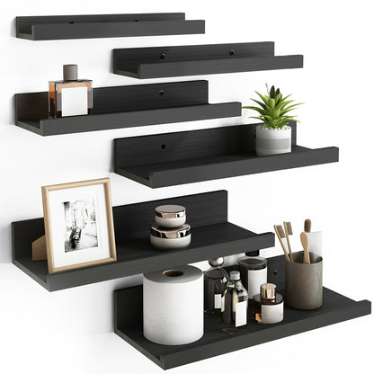 Floating Shelves 6pcs Set Wall Mounted Shelves 6 Different Sizes | Heavy Duty Shelf for Home Decor Bathroom Bedroom Living Room Space Saving Storage White Brown Black