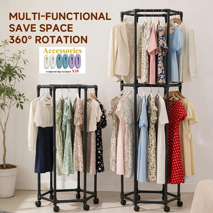 Portable Rolling Hexagon Drying Rack with High-Capacity Storage - Sturdy Metal Floor Stand, Multi-Bar & 10 Clips | Easy-Move Wheels for Bedroom, Balcony, Dorm | Holds Numerous Garments., Drying Racks