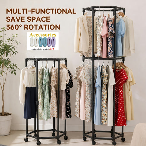 Portable Rolling Hexagon Drying Rack with High-Capacity Storage - Sturdy Metal Floor Stand, Multi-Bar & 10 Clips | Easy-Move Wheels for Bedroom, Balcony, Dorm | Holds Numerous Garments., Drying Racks