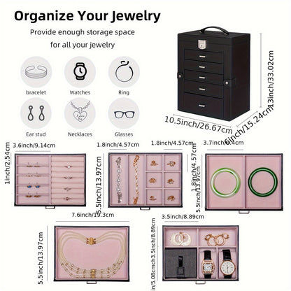 FEIYAN 6 Tier Jewelry Box, Jewelry Case With 5 Drawers, Large Storage Capacity, With Mirror, Lockable, Jewelry Storage Organizer, Gift For Loved Ones
