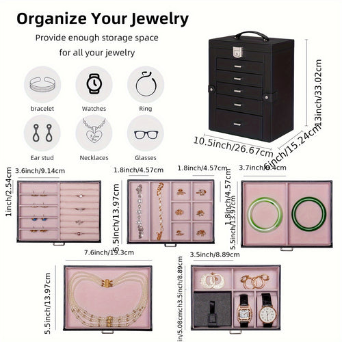 FEIYAN 6 Tier Jewelry Box, Jewelry Case With 5 Drawers, Large Storage Capacity, With Mirror, Lockable, Jewelry Storage Organizer, Gift For Loved Ones