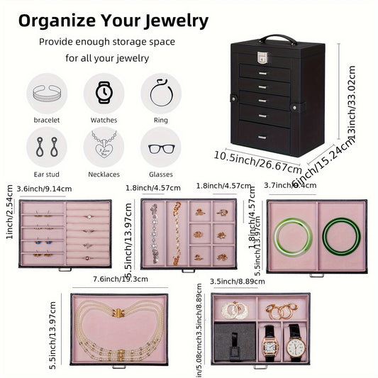 FEIYAN 6 Tier Jewelry Box, Jewelry Case With 5 Drawers, Large Storage Capacity, With Mirror, Lockable, Jewelry Storage Organizer, Gift For Loved Ones