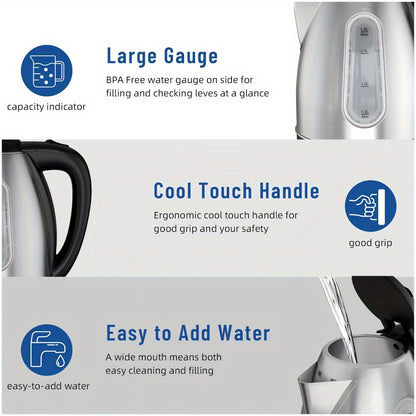 Electric Kettle with Water Window & Stainless Steel Body - 60.87oz, 1200W Fast Heating, Auto Shut-Off, BPA-Free for Tea And Coffee, Christmas Gift