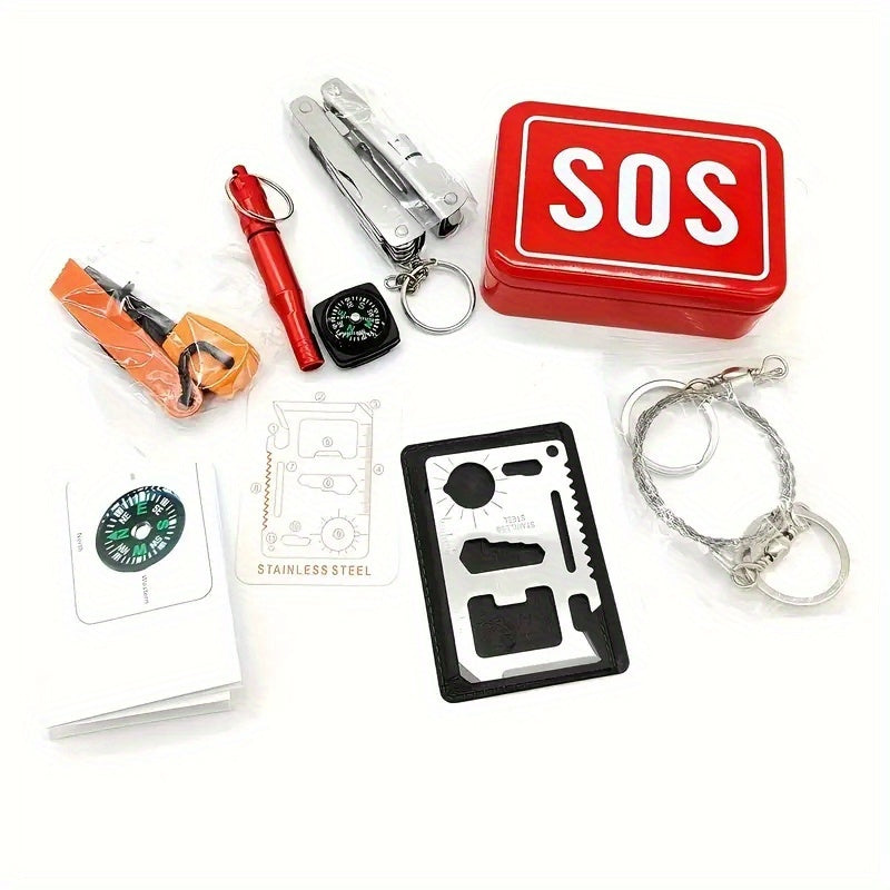 6pcs/ Set Outdoor Survival Gear Set With SOS Box - Red Emergency Kit, Compact Wilderness Survival Tool Kit With Multi-Tool, Whistle, Compass, Fire Starter & Paracord - Durable & Portable For Camping, Hiking, Backpacking, Hunting - All-in-One