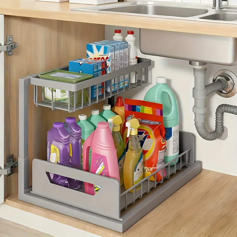1/2pcs 2-story kitchen sink storage containers，push-pull cabinet organizer, kitchen and bathroom organizers and storage, study, tabletop, metal sliding drawers, practical and convenient kitchen accessories essentials, kitchen organizers and storage.