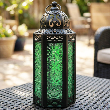 Moroccan Candle Lantern Holder - Decorative Metal & Glass Lantern with Embossed Floral Design for Indoor Home Decor, Garden, Patio, Weddings, Ramadan, Halloween & Holiday Celebrations - 10.5" Tall Medium Size