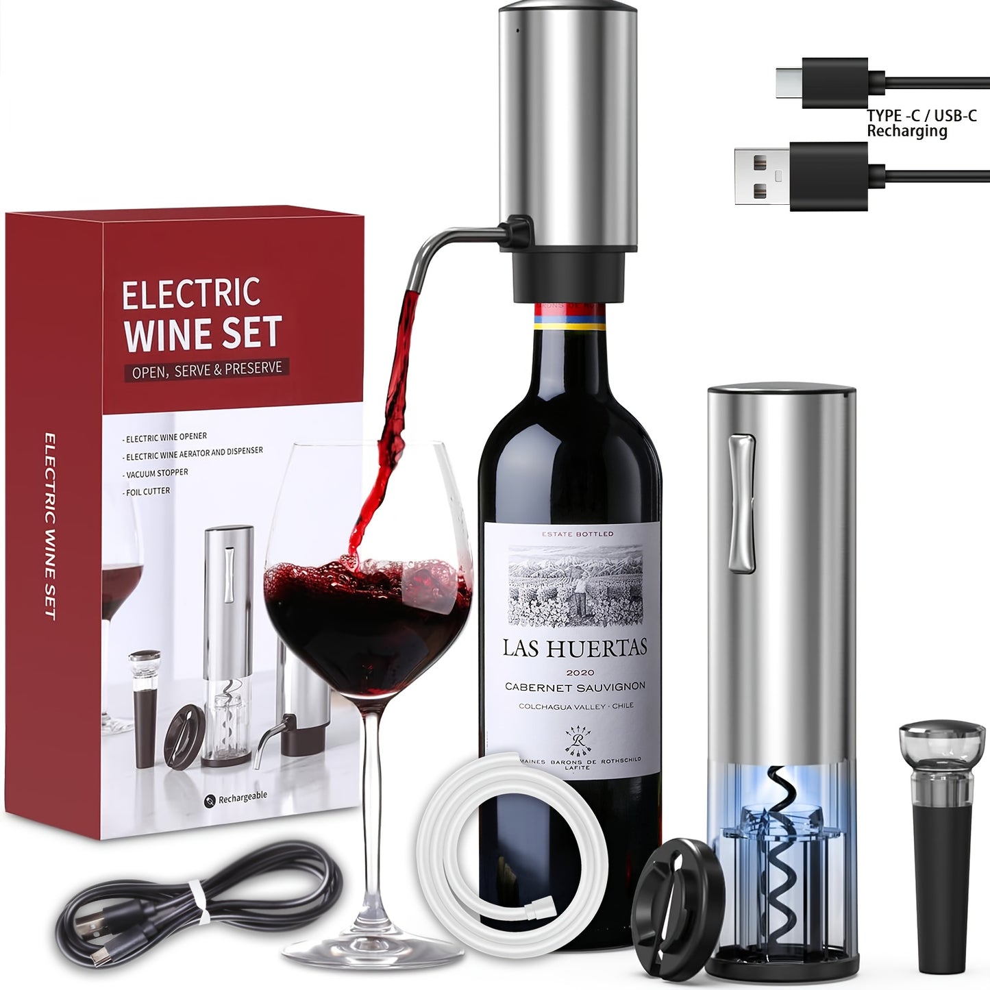 Electric Wine Opener Set - Automatic Rechargeable Corkscrew for Wine Bottles with Foil Cutter, Wine Aerator & Vacuum Stopper
