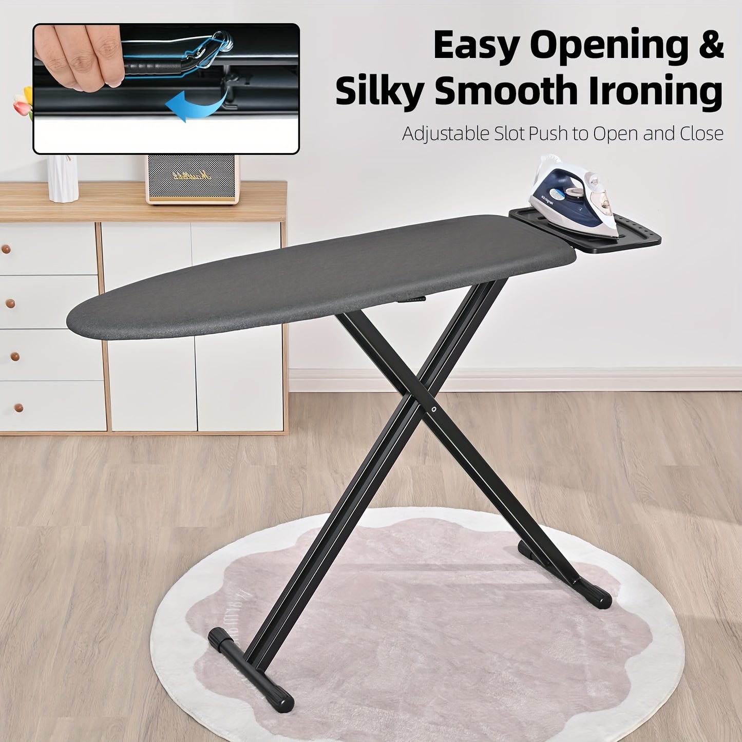 Full-Sized Ironing Board, Lightweight Design with an Rest, Featuring a Thick Heat-Resistant Cover with Padding, Adjustable Height, And Sturdy Anti-Skid Metal Legs, Measuring 43X13 in Black
