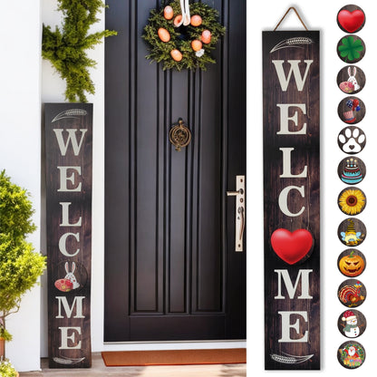 Porch Sign with 12 Interchangeable Seasonal Icons 47 Inch Tall - Welcome Sign for Front Door, Wind Resistant Leaner Board for Patio Yard Farmhouse Entryway, 4th of July Independence Day Decor
