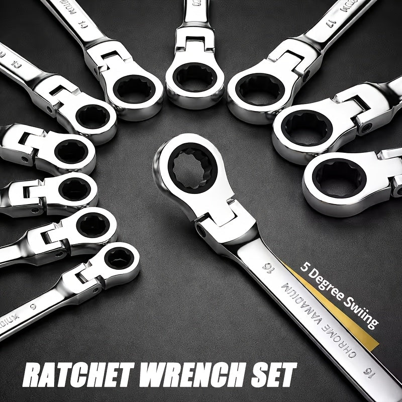 Wrench Set 10-Piece Multi-Function – 8 Hex Wrenches, Flare Wrench & 10mm Ratchet Wrench, Chrome Vanadium Steel, 180° Rotating Double-Ended 72-Tooth Precision Gear Design