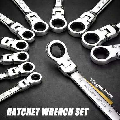 Wrench Set 10-Piece Multi-Function – 8 Hex Wrenches, Flare Wrench & 10mm Ratchet Wrench, Chrome Vanadium Steel, 180° Rotating Double-Ended 72-Tooth Precision Gear Design