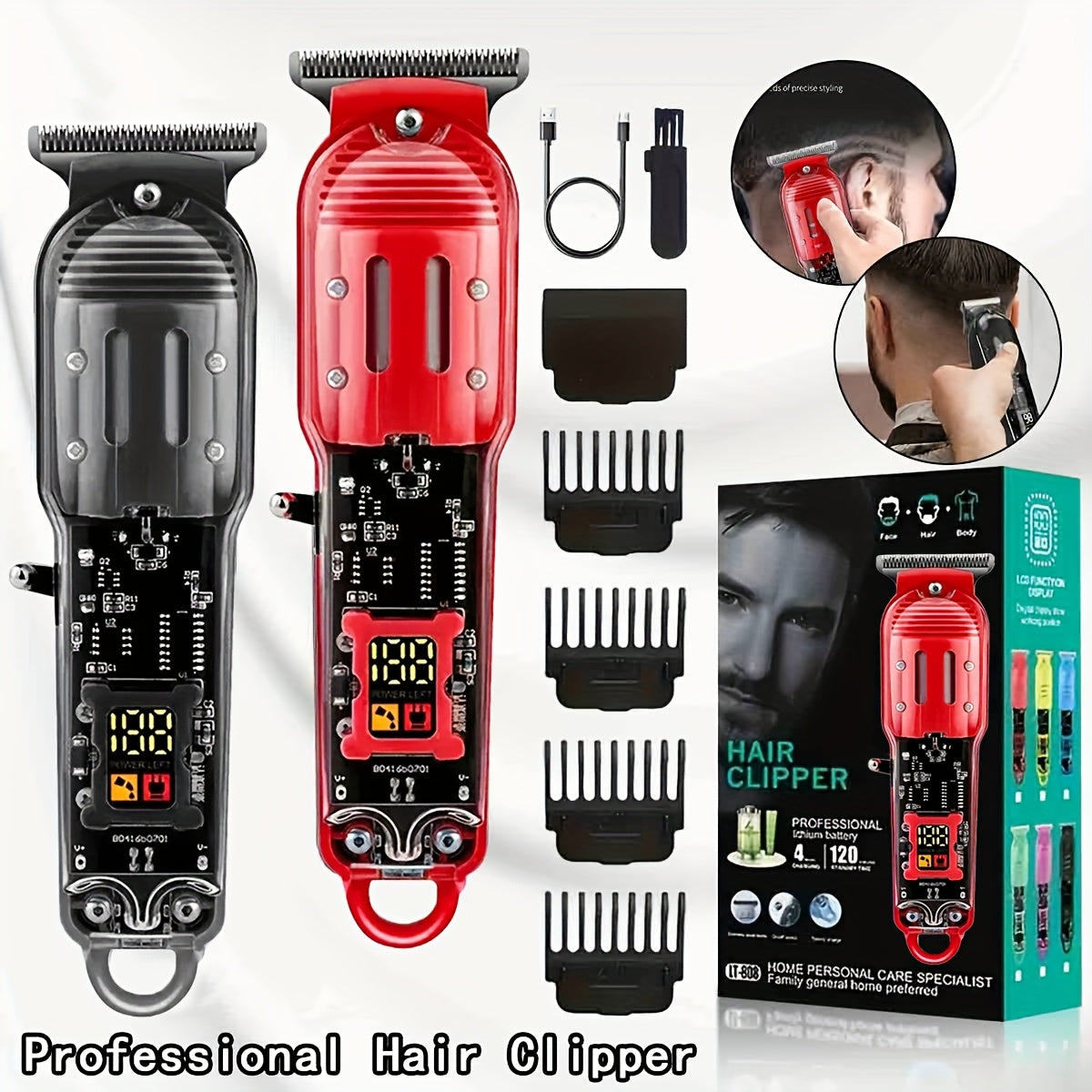 Professional Men's Grooming&Shaving Kit, Red Balck Hair Clippers, Rechargeable T-Blade Trimmer with LCD Display, USB Rechargeable, 4 Guide Combs, Trimmer And Shaver, with Cleaning Brushes, Perfect for Home & Barber Use, Gift for Men, Father Days Gift