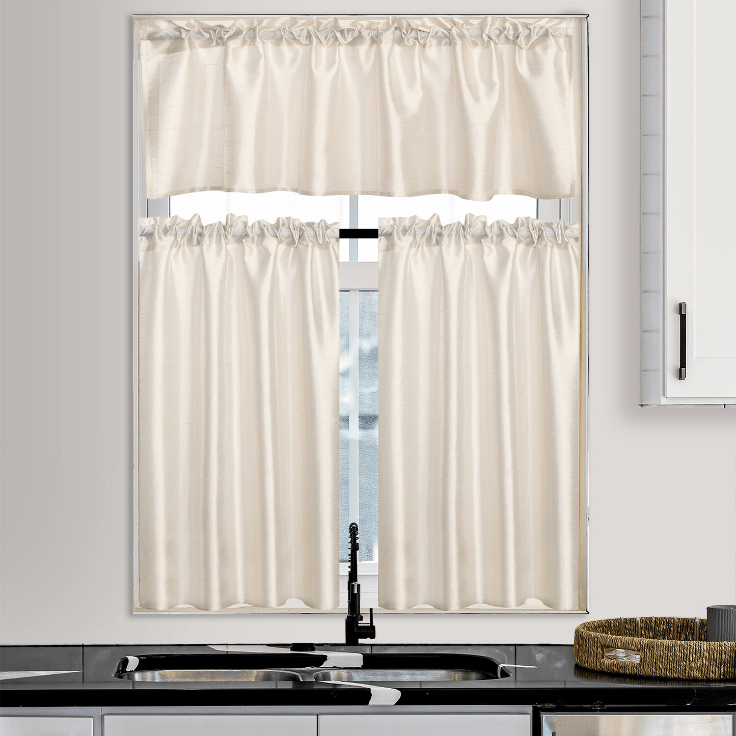 3 Panels Faux Silk Solid Color Sheer Kitchen Curtains Set Rod Pocket Design with 2 Tiers 26x36 inch Each and 1 Valance 52x14 inch for Kitchen Bathroom Privacy Drapes and curtains
