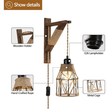 Plug In Wall Sconces Set Of 2 Or 1, Farmhouse Hanging Lamps That Plug Into Wall Outlet, Rustic Metal Cage Sconce with Wooden Bracket for Bedroom Living Room Headboard.