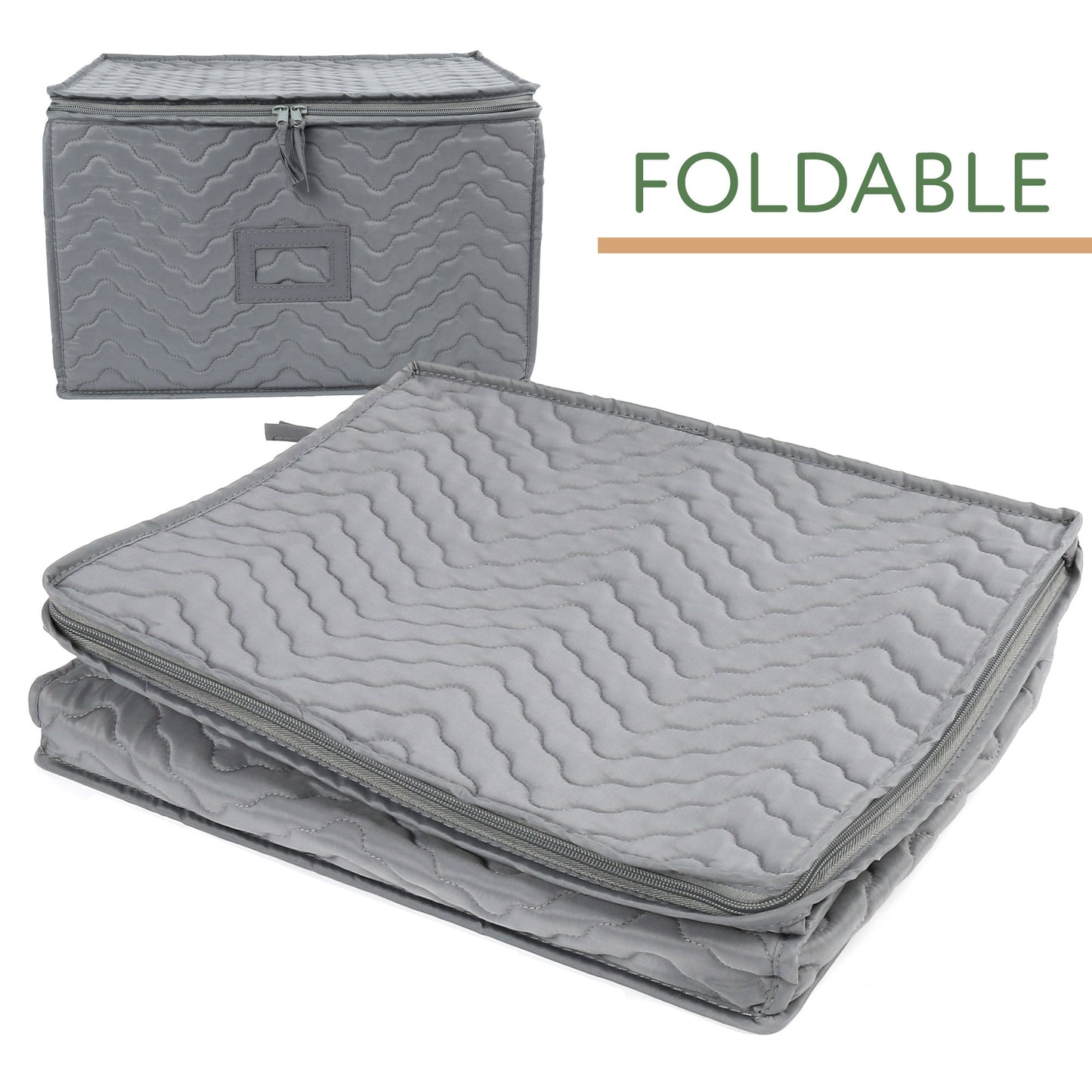 Stemware Storage Container - Deluxe Quilted Storage Case with Dividers for 12 - Wine Glasses, Champagne Flutes, Glassware, Drinkware Storage Box Chest, 15.5"x12.5"x 10", Gray