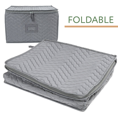 Stemware Storage Container - Deluxe Quilted Storage Case with Dividers for 12 - Wine Glasses, Champagne Flutes, Glassware, Drinkware Storage Box Chest, 15.5"x12.5"x 10", Gray
