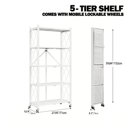 3/4/5-Tier Portable Multifunctional Storage Rack, Floor-Standing Storage Rack with Lockable Wheels, Space-Saving, No Assembly, Foldable Storage Shelf with Durable Carbon Steel Frame for Bedroom, Balcony, Garden, Standing Shelf