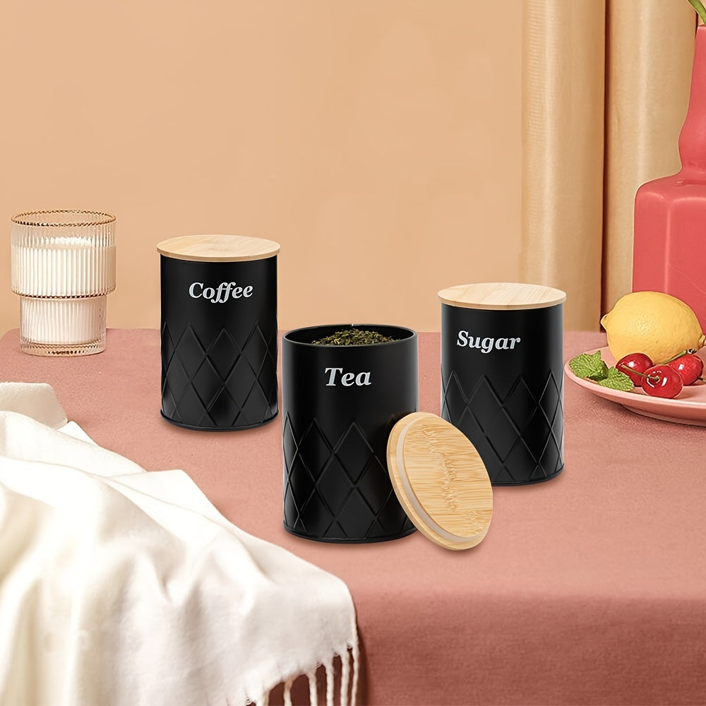 Black Bread Bin with 3 Canister Sets for Tea, Sugar, Coffee Containers