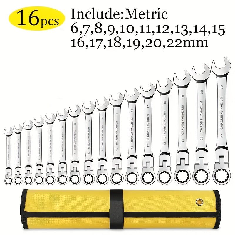 180° Flex-Head Ratcheting Wrench Set, 16pcs Metric 6-22mm, 72 Teeth, CR-V Steel, Ratchet Wrenches Set With Organizer Bag