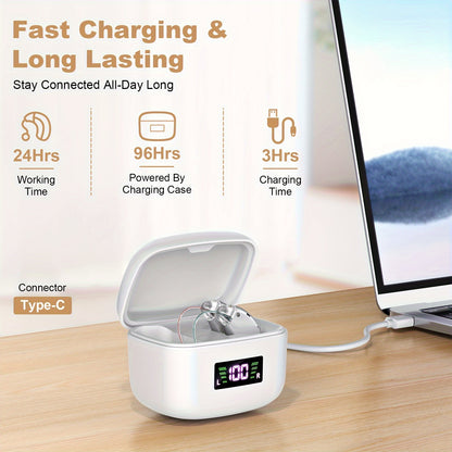 OTC Hearing Aid for Adults – Invisible Behind-the-Ear Hearing Amplifier, Magnetic Charging Case, 24Hr Battery, Noise Reduction, Natural Sound, Ergonomic Fit for Seniors & Adults, Brown & Silver