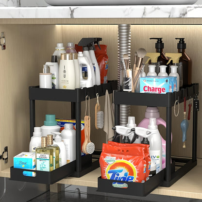 Set of 2 Under-Sink Organizers, Bathroom Cabinet Storage Solution, Dual-Tier Sliding Basket Drawers, Versatile Bath Collection Baskets for Under-Counter Storage with 8 Hooks