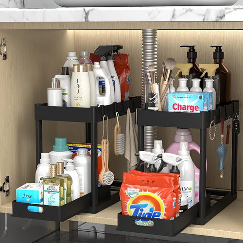 Set of 2 Under-Sink Organizers, Bathroom Cabinet Storage Solution, Dual-Tier Sliding Basket Drawers, Versatile Bath Collection Baskets for Under-Counter Storage with 8 Hooks